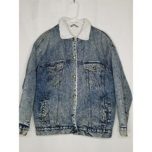 Brass Plum VINTAGE Jean Denim Chore  Barn Jacket Acid Washed Sherpa Button Up‎ M